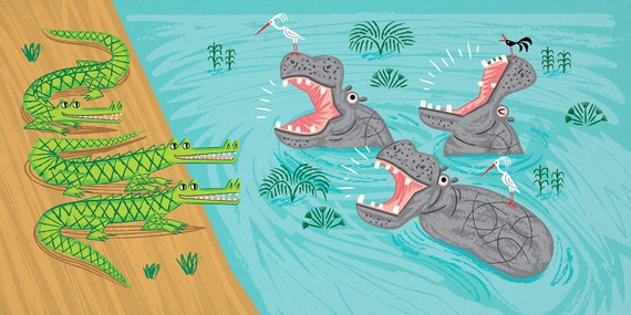 Crocodiles and Hippos - Nature / Wildlife - Childrens Art - Animal Art - Kids Art - Limited Edition Art Poster Print by Oliver Lake