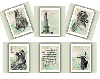 Nautical prints, dive print, Scuba Diver helmet,sailor knots,lighthouse,antique map East America, diving beach cottage decor, set of 6