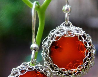 Woven earrings in crystal orange and sterling silver