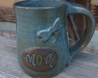 Mom pottery mug with Dragonfly