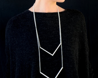 Chevron necklace, geometric necklace, silver Tube Necklace, Triangle Tube Necklace, Minimalist Necklace.triangle Silver Statement Necklace