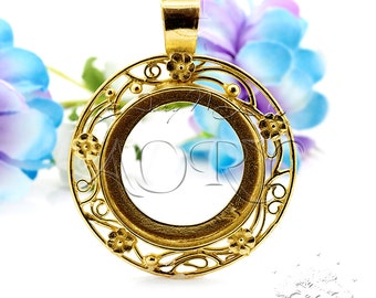 1pcs Brass Bezel Setting Pendant for 24mm Cabochon, Flower Romantic Style, Made in Israel, Shiny Brass Color, Top Quality, 1752BR