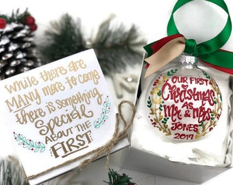 Hand Painted Our First Christmas Married Ornament with Gift Box - Merry Christmas, Newlyweds, Wedding, Mr and Mrs 2017 - Christmas Wedding