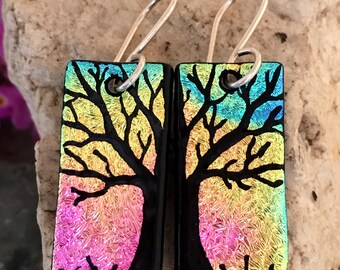 Dichroic Glass Earrings - Hand Etched Tree Split Design Glass Art Amazing Rainbow