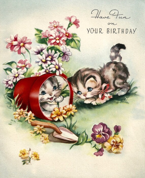 Retro Vintage Birthday Card Cute Kittens Cats Digital Download