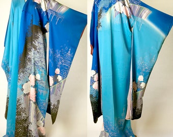 Japanese K042003 Vivid Blue " Kyo-yuzen" Furisode Kimono Vintage