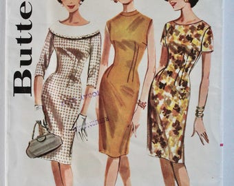 Vintage Sewing Pattern 1960s Womens Fitted Wiggle Dress with Wide Collar Size 11 Bust 31.5 Butterick 2137