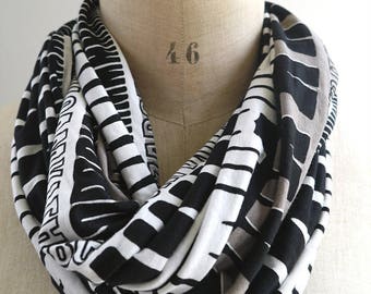 alphabet infinity scarf, abc scarf, jersey knit cowl, letters scarf