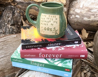 Spring Green Mug-She Made Her Home in Between the Pages of Books- Linger-Maggie Stiefvater-Pottery Handmade by Daisy Friesen