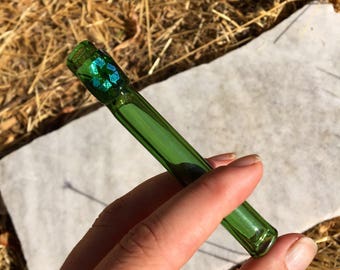 Emerald Green Borosilicate Glass one hitter Chillum Pipe with Recycle dichroic image, ships immediately!