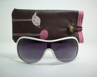 Eyeglass case in brown with pink and cream birds