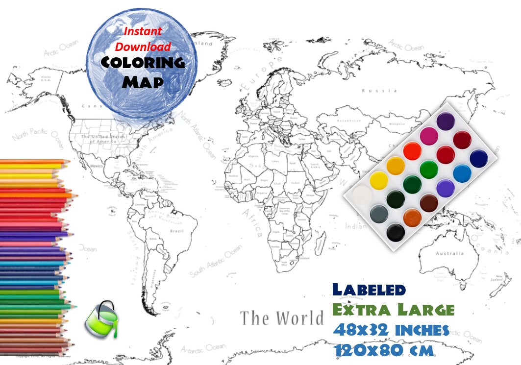 coloring page world map labeled extra large 48x32 inch and