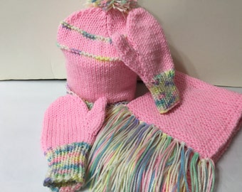 READY TO SHIP Handmade Knit Toddler Hat Mittens and Scarf Set/Girls/Pink Size: 4 to 6 years