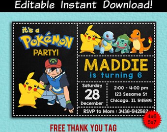 Pokemon Invitation, Pokemon Invitation Instant Download, Pokemon Editable, Pokemon Editable Invitation, Pokemon PDF , Pokemon Thank You Tags