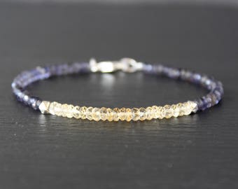 Citrine Bracelet with Iolite, Iolite Bracelet, Dainty Beaded Bracelet, November birthstone, Skinny Bracelet, Anklet, Skinny Anklet