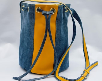 Denim and leather bucket bag