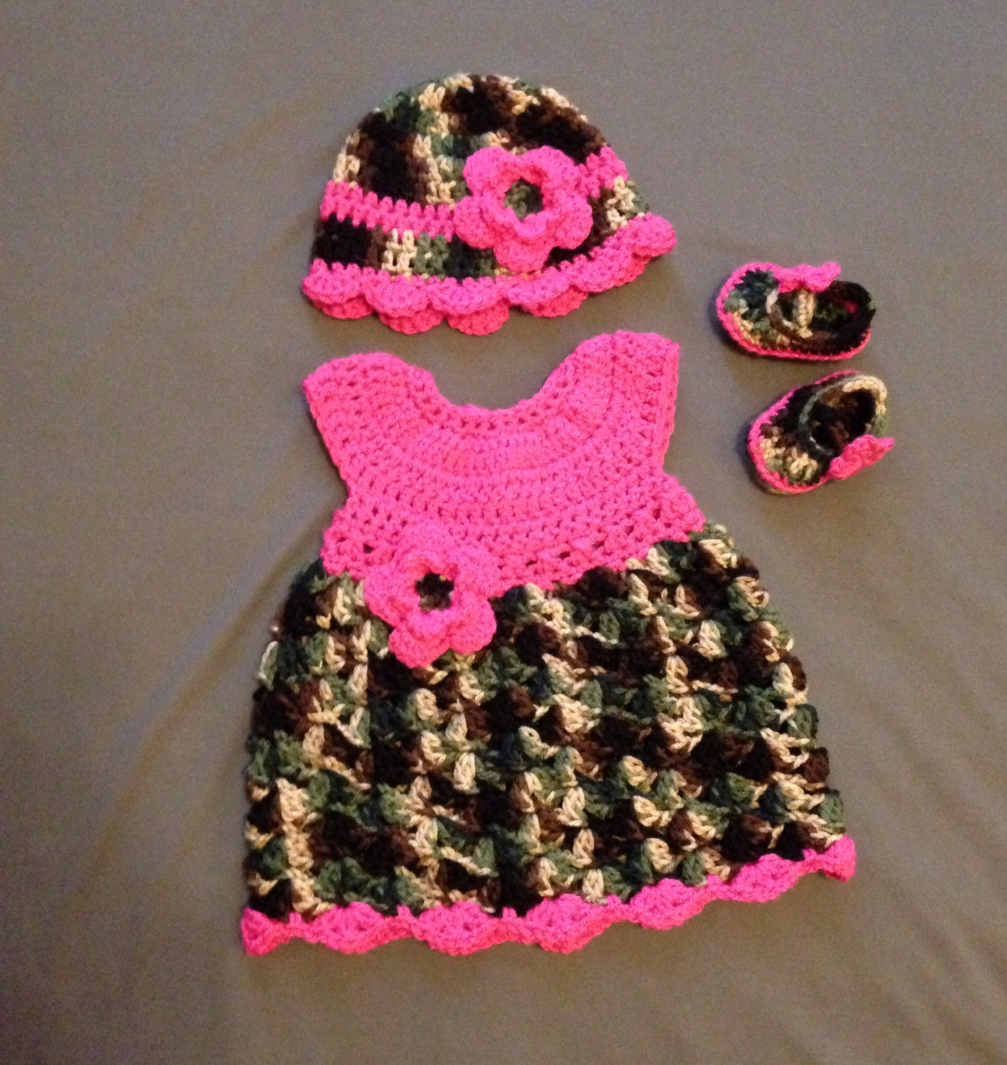 Pink Camo Baby dress crochet gift set Newborn 9 mos.