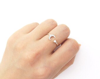 Star and moon ring / Adjustable ring / Sterling silver open ring / Moon silver ring / Star silver ring / Delicate ring / gift box