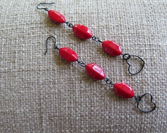red earrings, heart earrings, very long earrings, long red earrings, modern earrings, fun earrings, Valentine's Day, anniversary earrings