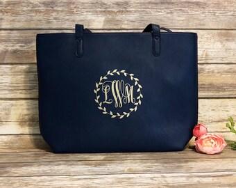 Large vegan leather navy tote bag, monogrammed tote bag, Mother's Day gift, bridesmaid gift, bridesmaid tote bag, navy tote, huge tote
