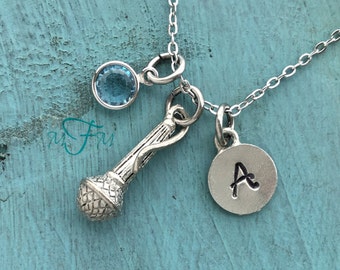 Microphone Charm Necklace, Personalized Necklace, Silver Pewter Microphone Charm, Custom Necklace, Swarovski Crystal birthstone, monogram