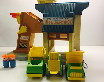 Vintage Fisher Price Lift And Load Depot Comes With Trucks, Barrels And Little People - ALMOST COMPLETE