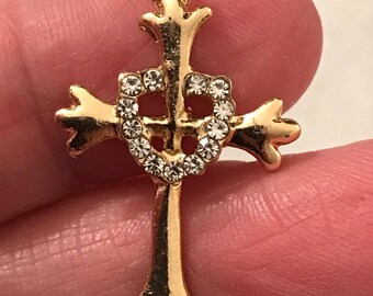 3 Beautiful gold tone crosses with rhinestone open heart design