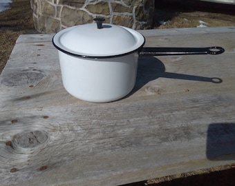 Vintage White and Black Enamel Sauce Pan With Lid For Him Man Cave