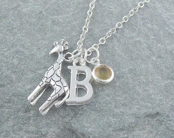 Giraffe necklace, giraffe pendant, initial necklace, swarovski birthstone, personalized jewelry, silver giraffe jewelry, gift her, safari