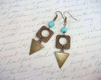 Geometric triangle pendant earrings with turquoise stones