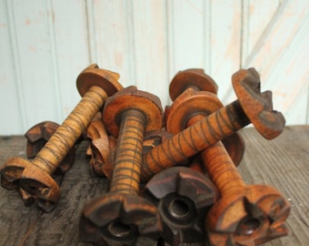 Small Vintage Wooden Bobbin Industrial Era Ratcheted Spools Organize Display Home Decor