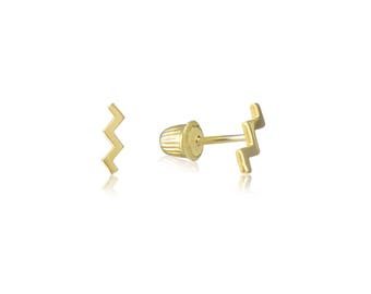 10K Solid Yellow Gold Lightning Bolt Stud Earrings - Zigzag Thunder