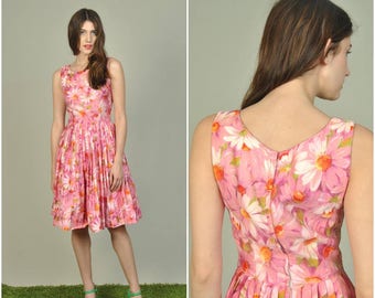 1950s Pink Floral cotton dress | vintage 1950s dress | pink floral 50s dress