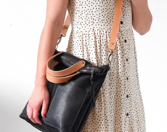 Black Leather Crossbody Bag Convertible to Backpack, Leather Foldover Bag Tote Bag; The TAMBALE in Black Leather by Awl Snap