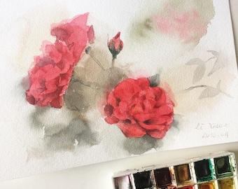 Original flower watercolor, red roses,blooming roses,original painting,7"x10",garden,home decor