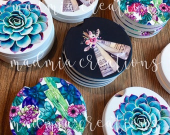 Car Coasters {Set of 2: Floral Cactus, Succulent, White Teepee, Black Teepee}