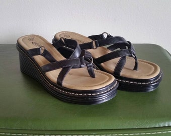 Black Leather 90s Chunky Sandals - 90s Lower East Side Chunky Heel Slip On Sandals - Strappy Leather Sandals - 90s Shoes Size 9.5 Womens