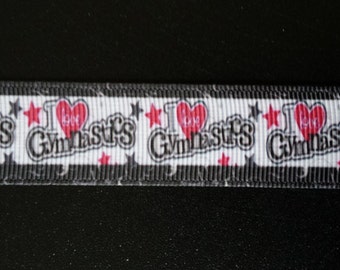 7/8" I Love Gymnastics Grosgrain Ribbon Black and Pink