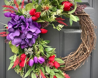 Spring Wreaths, Hydrangea Wreaths, Spring Hydrangea Wreath, Purple Red, Door Wreaths, Door Decor Spring, Purple Red Wreath, Floral Wreaths