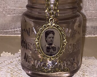 Victorian Gem Tin Type Photo Ornate Frame Pendant and Chain Necklace Lovely Lady Oddities