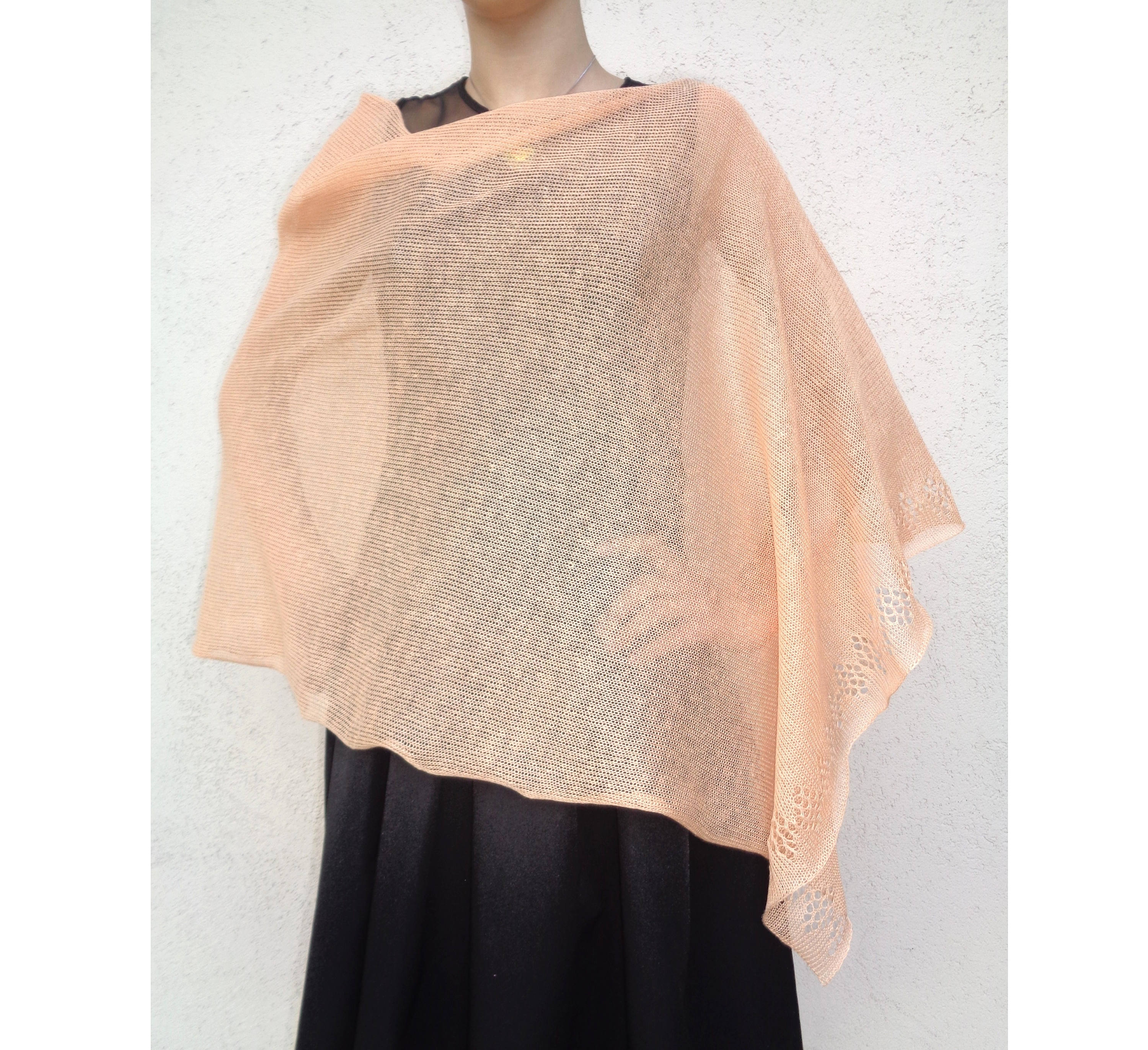 peach linen poncho knit light orange poncho wrap poncho women light peach shawl