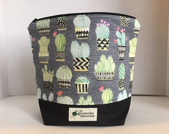 Wedge Bag, Zippered Bag, Knitting Project Bag, Small Project Bag, Sock Size, Cactus
