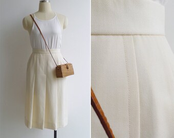 Vintage 70's Cream Wool A-Line Pleated Secretary Skirt XXS or XS