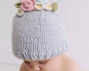 Bunny Hat with Flowers Hand Knit for Baby and Child