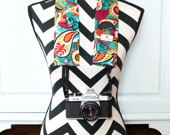 Camera Strap Cover- lens cap pocket and padding included- Turquoise/ Blue Bright Pattern