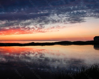 Photography art decor, reflection of the sunset on a pond + the Magdalen Islands Sea: pond-des-Caps - Marie - Eve LaBadie