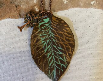 Special Bronze Leaf Pendant Necklace with Accent Charms - Ladies
