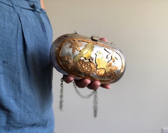 Antique Silver Purse with Copper and Brass Birds, Copper Bag, Copper Purse