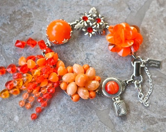 Bridesmaid Gift, Vintage Earring Bracelet, Wedding Bracelet, Cluster, Silver, Orange, Flower, Jennifer Jones, Under 40, OOAK - Tangerine