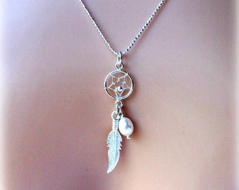 Pearl Sterling Silver Dreamcatcher - Bridal Necklace - JUNE BIRTHSTONE - Gift For Her